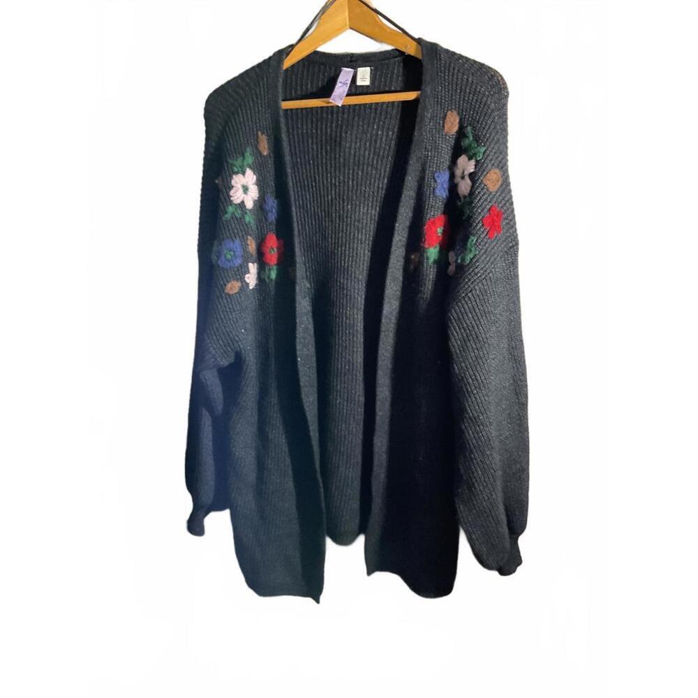 Alya Dark Gray Floral Embroidered Open Cardigan Sweater Large